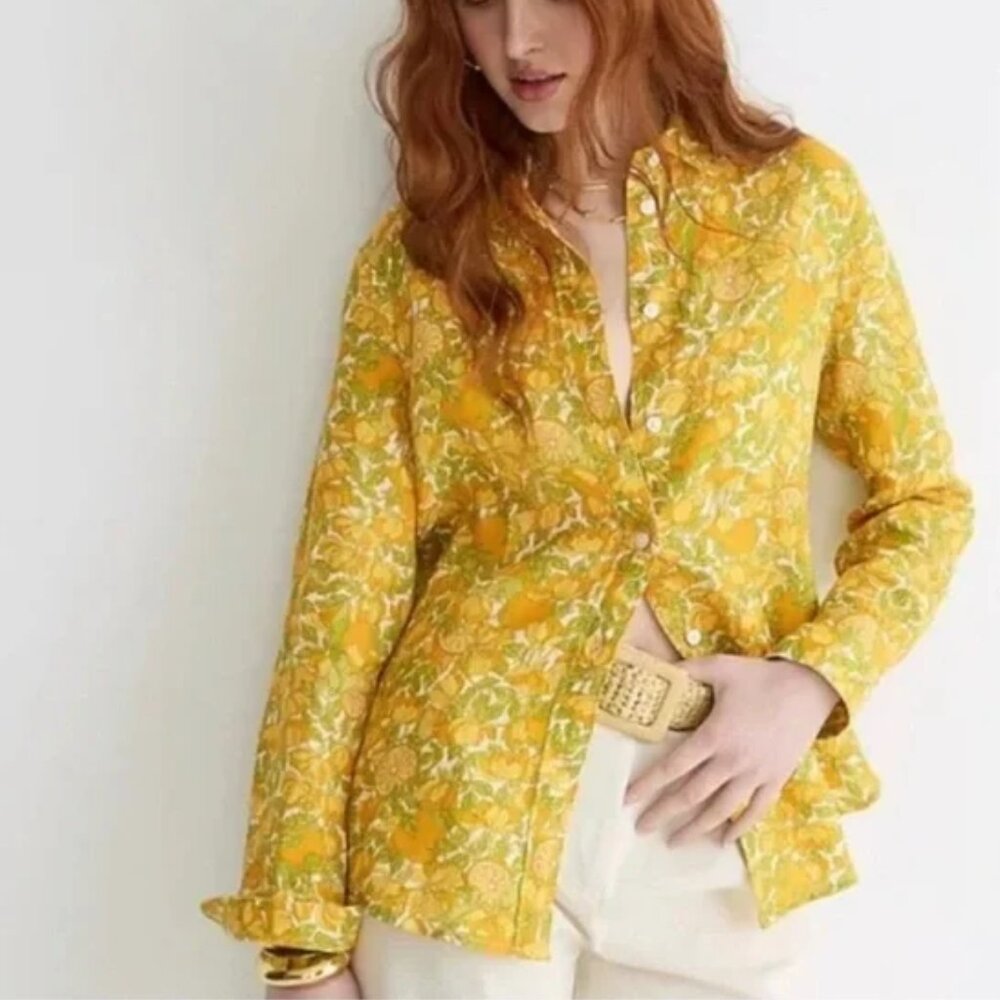 J. Crew Linen Slim Fit Shirt Limone Print Size 0 NWT Button Front Cottagecore